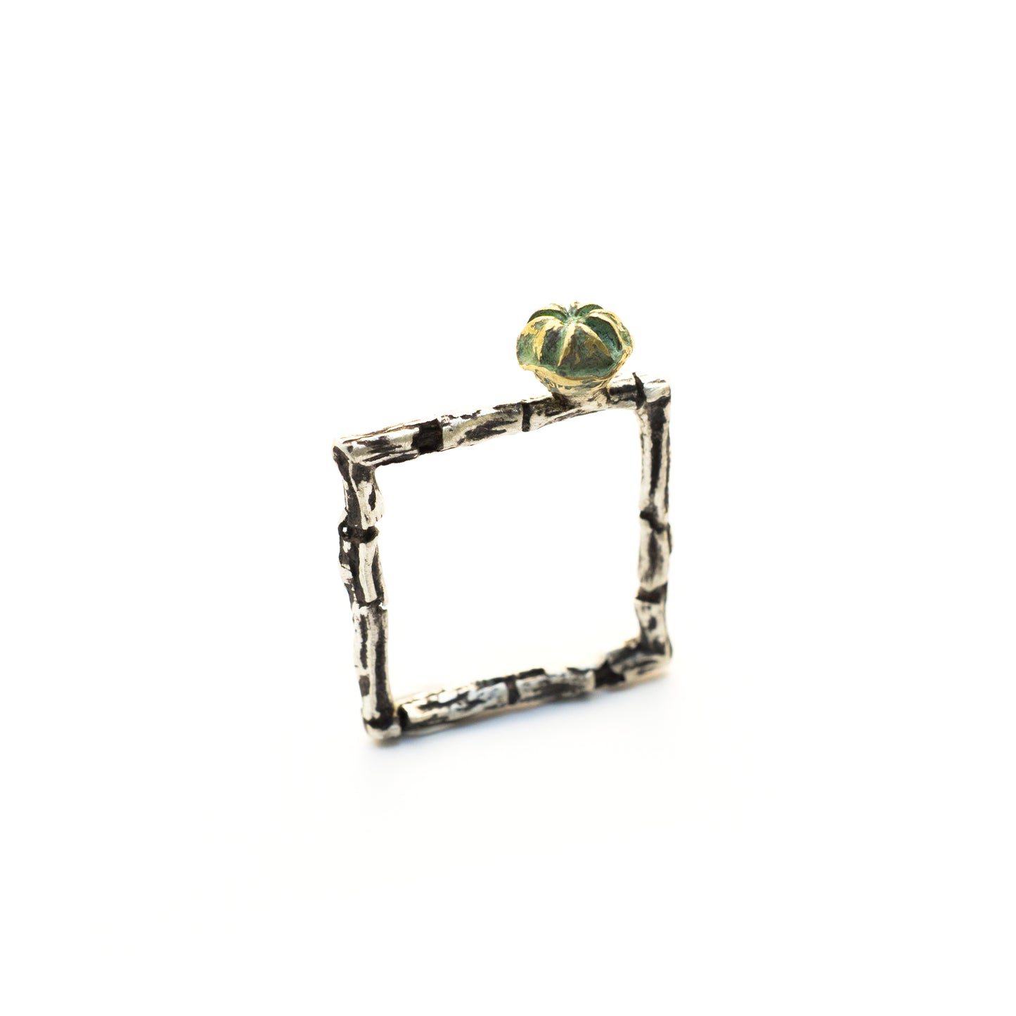 Handcrafted Sterling Silver and Brass Eucalyptus Square Ring - Unique One-of-a-Kind Nature-Inspired Jewelry
