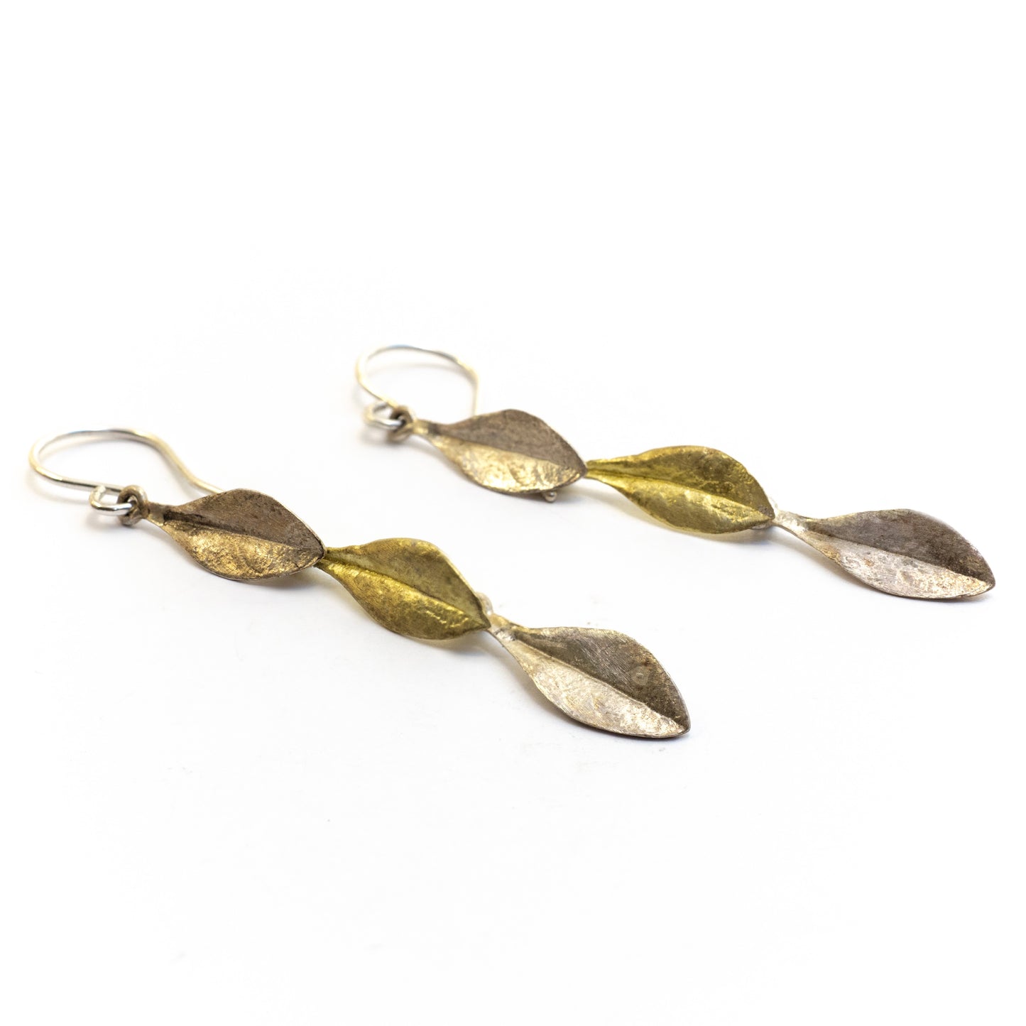 Handmade Sterling Silver and Brass Eugenia Triple Leaf Dangle Earrings - Unique One-of-a-Kind Nature-Inspired Jewelry