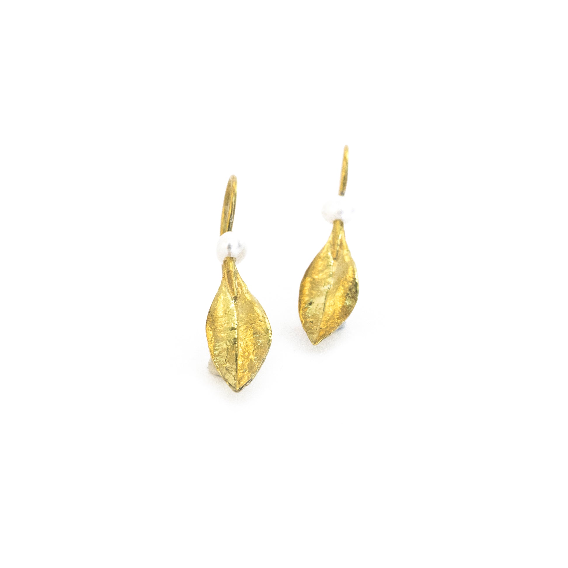 Exquisite Handcrafted 18K Gold Eugenia Earrings with a Beautifully Adorned Pearl atop Each Leaf - Unique Nature-Inspired Artisan Jewelry