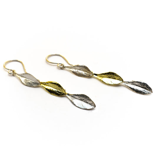 Handcrafted Sterling Silver and 18K Gold Eugenia Triple Leaf Dangle Earrings - Unique Nature-Inspired Jewelry