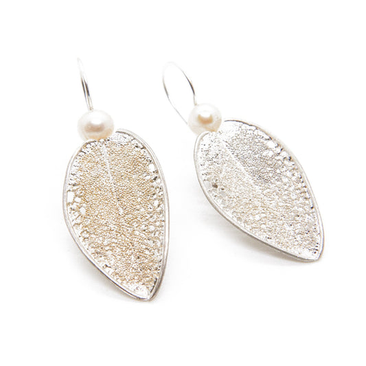 Sterling silver earrings with real sage leaves and pearls, handcrafted in Greece, showcasing artisanal excellence and natural beauty.