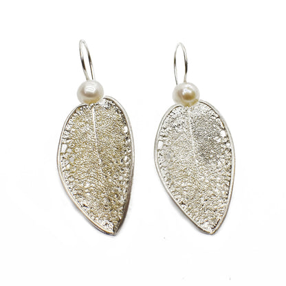 Sterling silver earrings with real sage leaves and pearls, handcrafted in Greece, showcasing artisanal excellence and natural beauty.