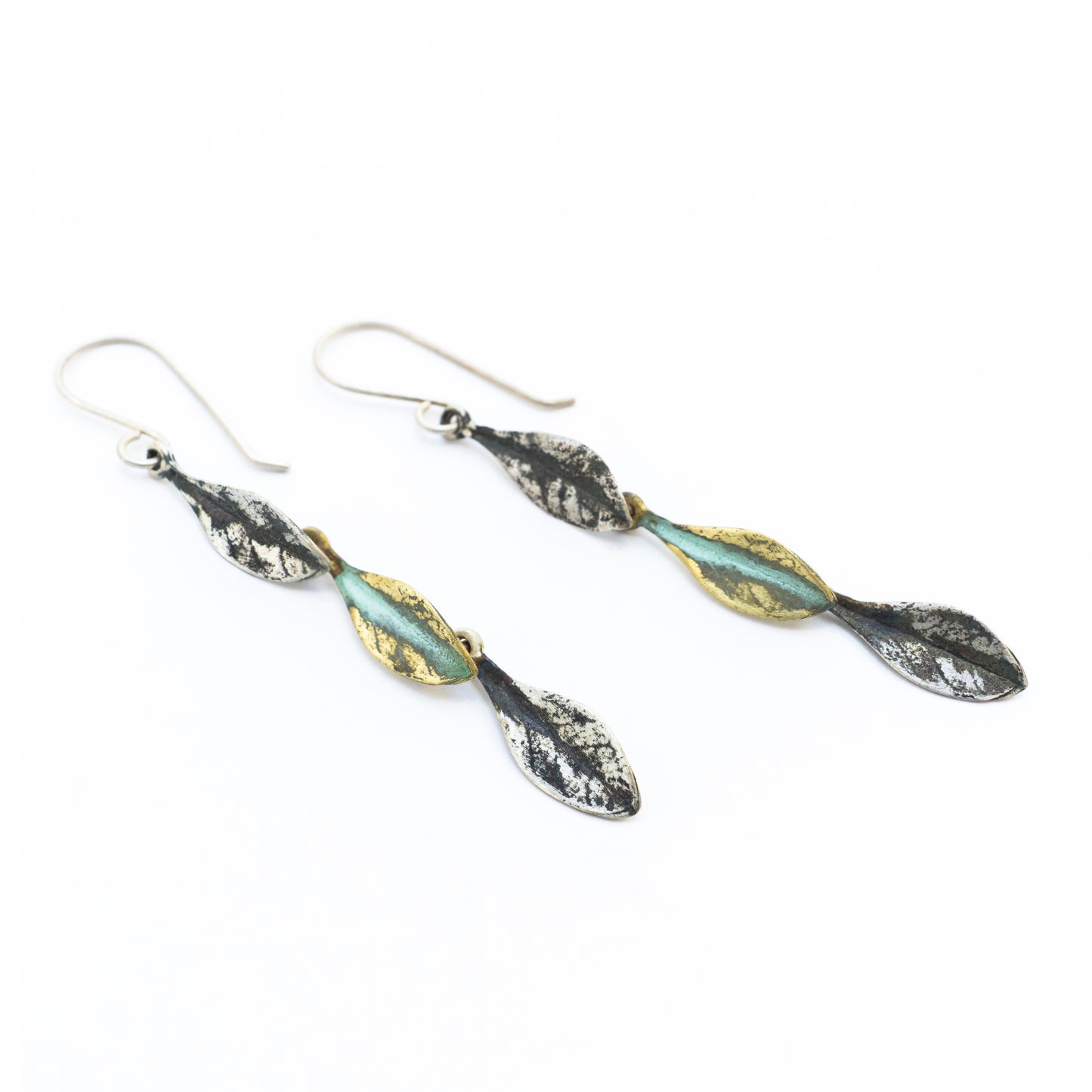 Handcrafted Sterling Silver and Brass Eugenia Triple Leaf Dangle Earrings - Unique One-of-a-Kind Nature-Inspired Jewelry