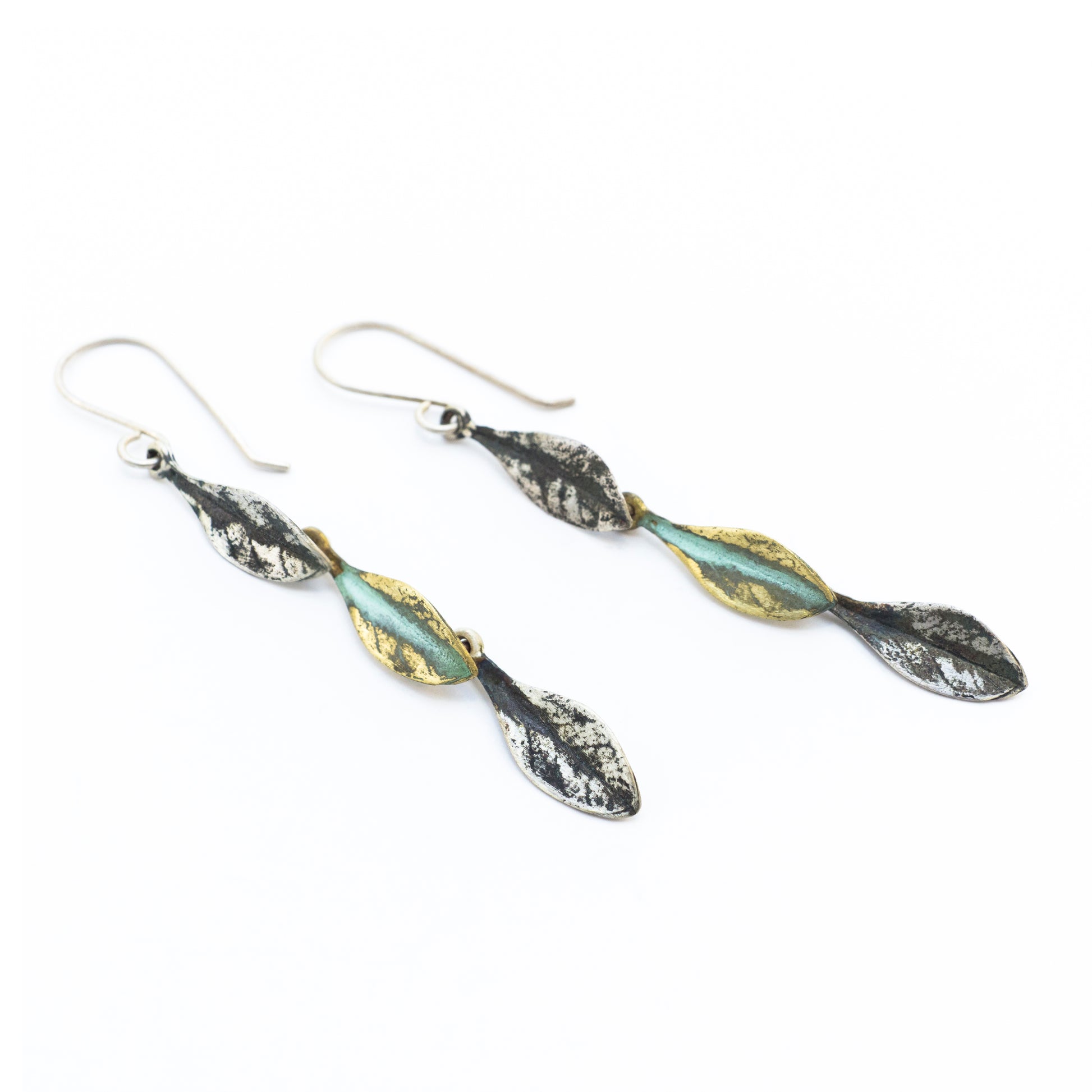 Handcrafted Sterling Silver and Brass Eugenia Triple Leaf Dangle Earrings - Unique One-of-a-Kind Nature-Inspired Jewelry